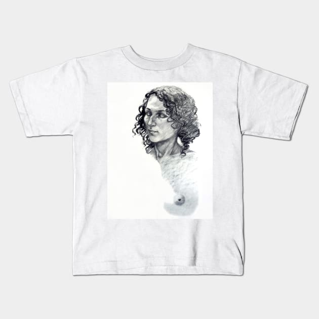 Portrait of a young woman, charcoal pencil Kids T-Shirt by rozmcq